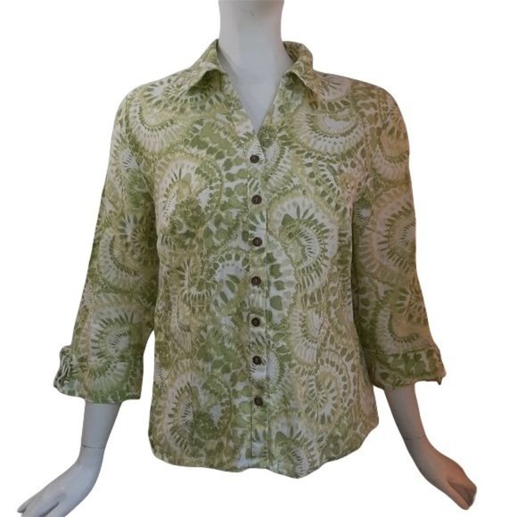 JM Collection Green Size 12 100% Linen Top - Picture 1 of 10